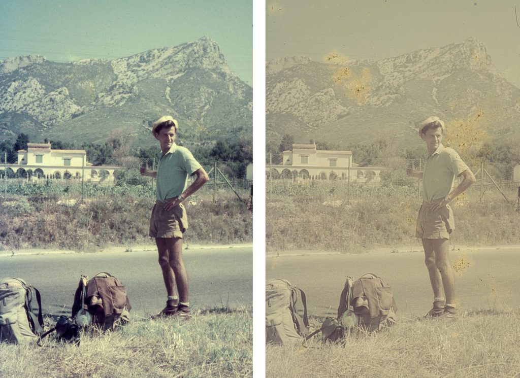 2 versions of same image of man hitchhiking